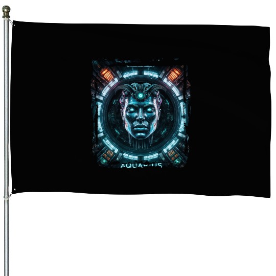 Zodiac sign Aquarius in cyberpunk era Future House Flags