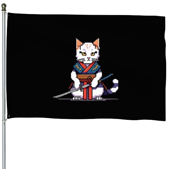 Pixel Samurai Cat Warrior House Flags