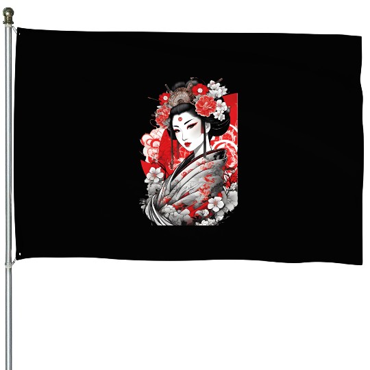 Elegant Geisha with Floral Kimono House Flags