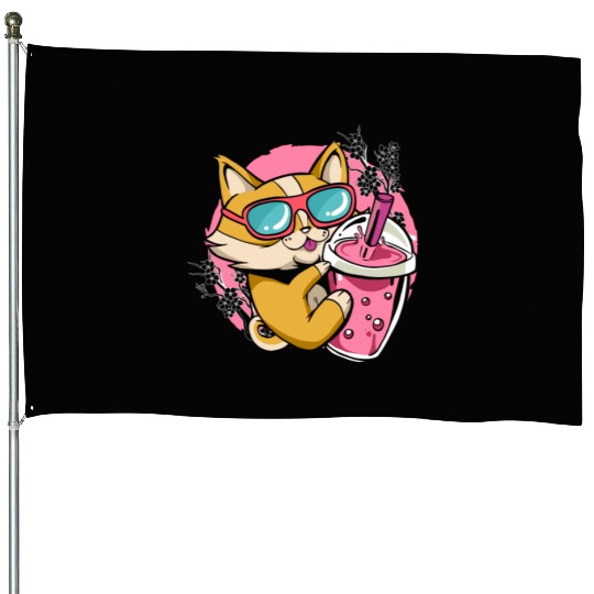 Kitten Kawaii Boba Milk Tea Drinking Cat House Flags