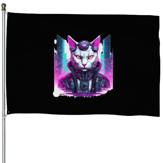 Cyberpunk Feline Warrior House Flags