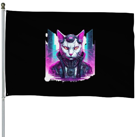 Cyberpunk Feline Warrior House Flags