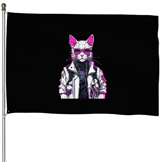 Cyberpunk Cat: Neon Outlaw House Flags