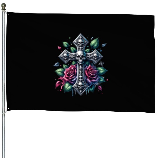 Gothic Collection - Cross, Skulls & Red Roses House Flags