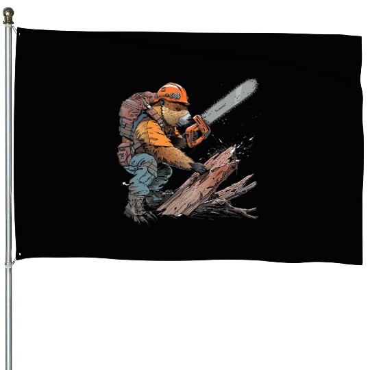 Beaver Lumberjack Chainsaw House Flags