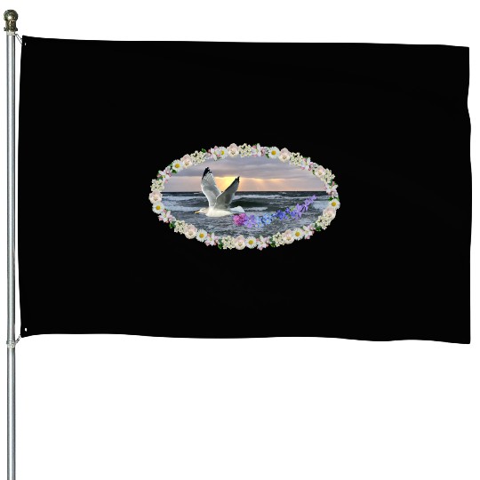 sea beach sunset seagull kitsch flashy magic House Flags