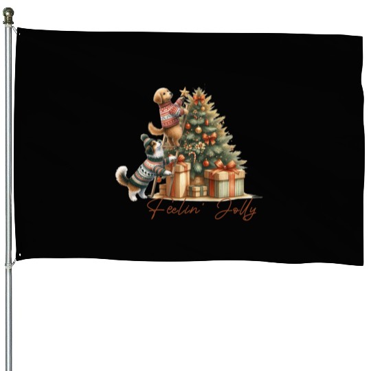 Feelin' Jolly - Cute Dogs Christmas Tree Fun House Flags