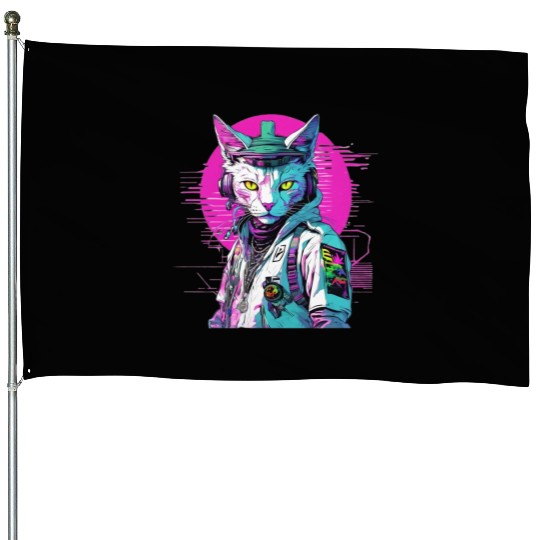 Neon Cyberpunk Warrior Cat House Flags