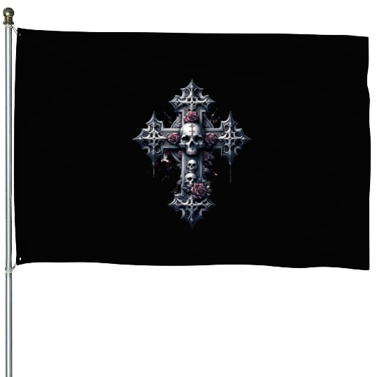 Gothic Cross Collection - Skulls and Red Roses House Flags