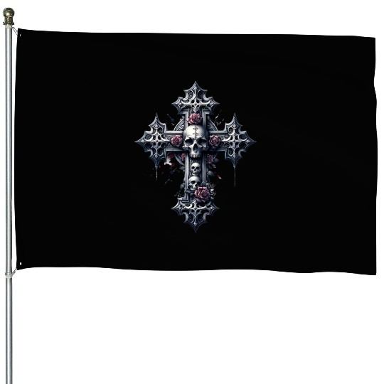 Gothic Cross Collection - Skulls and Red Roses House Flags