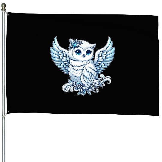 Cute snowy owl blue eyes angel wings cartoon House Flags