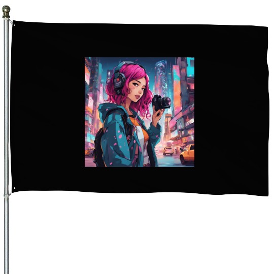 Cyberpunk Pink-Haired Girl - Neon Dreams House Flags