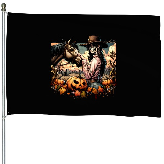Haunting Cowgirl and Horse in Halloween Graveyard House Flags