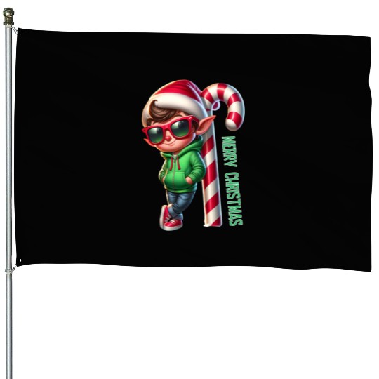 Merry Christmas Cool Elf with Candy Cane Vibes House Flags