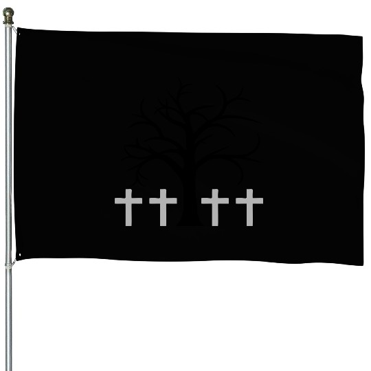 Tree Bald Winter Autumn Crosses Halloween Cemetery House Flags