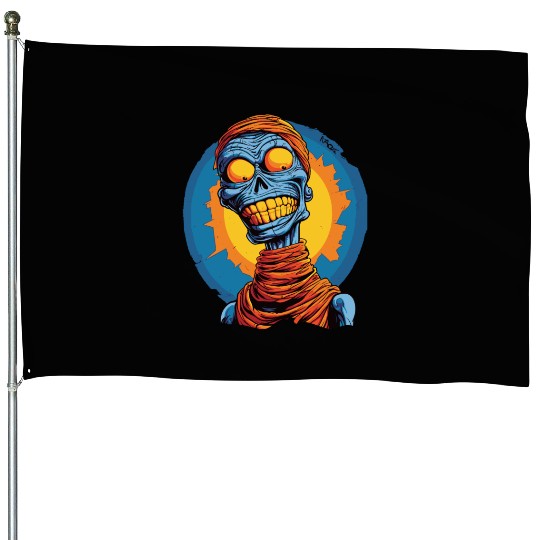 Blue and Funny Cartoon Skeleton Skull Mummy House Flags