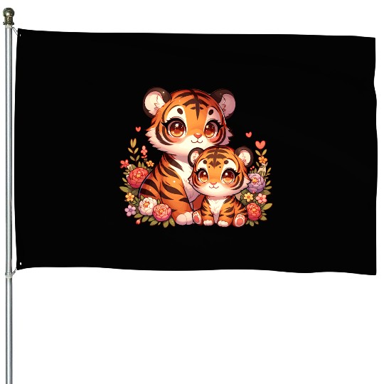 Cute Baby Tiger and Mama Tiger Surrounded by House Flags