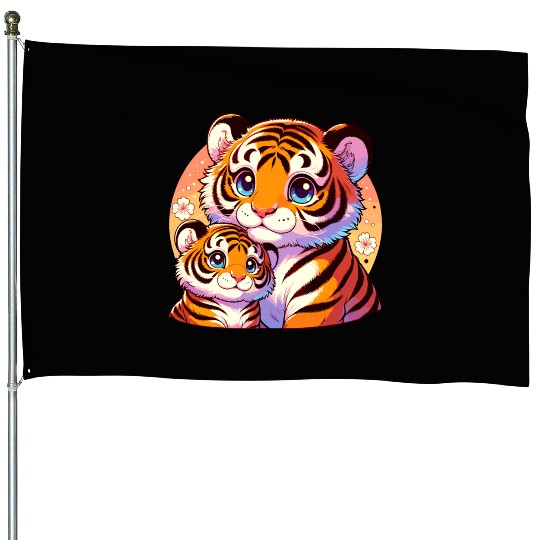 Cute Tiger Mom and Cub Illustration with Flowers House Flags