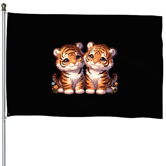 Adorable Twin Tiger Cubs Illustration with Flowers House Flags