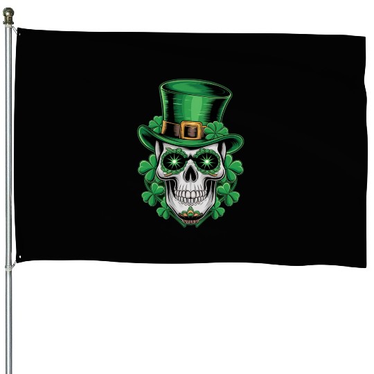 Sugar Skull St Patrick Day Lucky Shamrock House Flags
