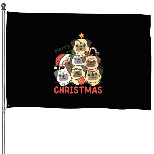 Pug Christmas Tree Merry Christmas House Flags