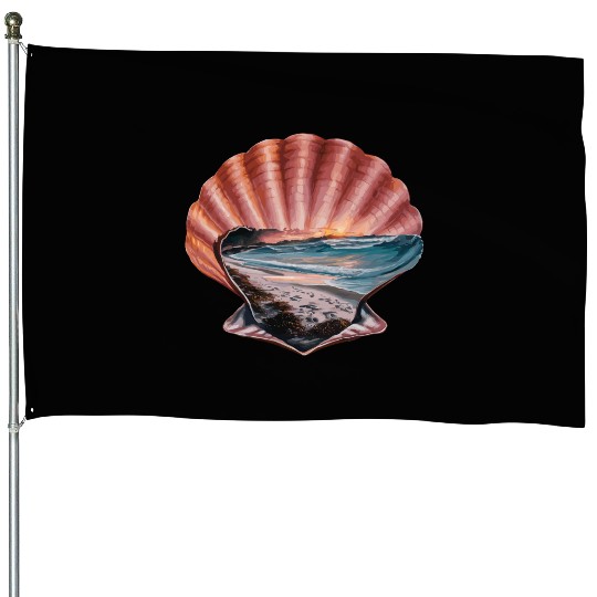 Seashell Beach Scene Serene Ocean Landscape House Flags