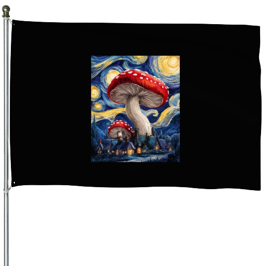 Starry Night Mushroom Surreal Dreamscape nature House Flags
