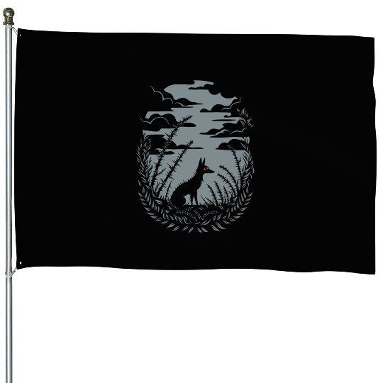 Dark Cottagecore Nighttime Wilderness with Wolf House Flags