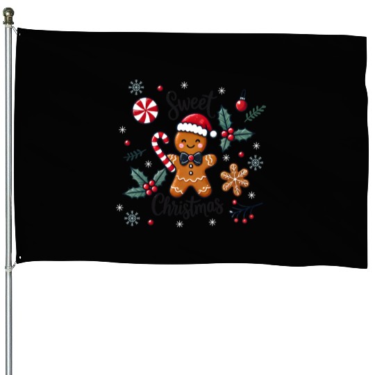 Happy gingerbread man with candy cane House Flags