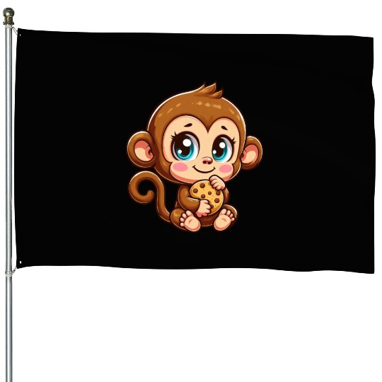 Cute Monkey Chimpanzee eating cookies cartoon House Flags