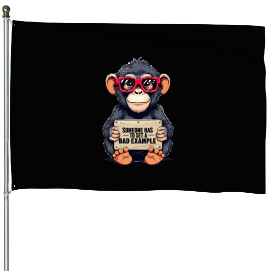 Playful Chimpanzee with Sunglasses and Humorous House Flags