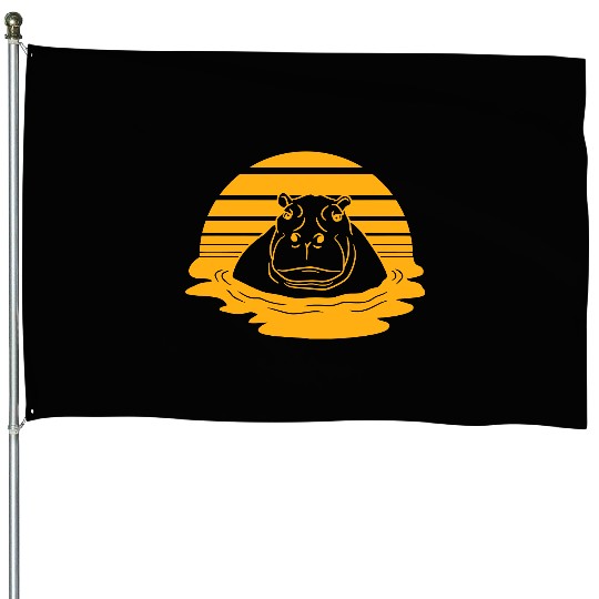 Hippo Swimming Water Sun Cute Happy Comic Cartoon House Flags