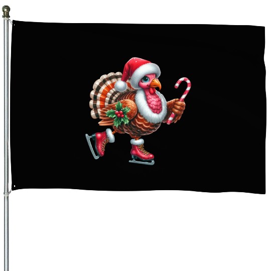 Turkey Ice Skating with Candy Cane and Santa Hat House Flags