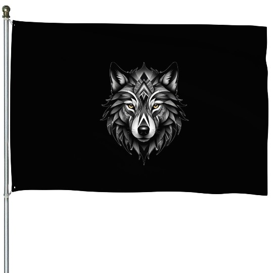 Black and White Geometric Wolf House Flags
