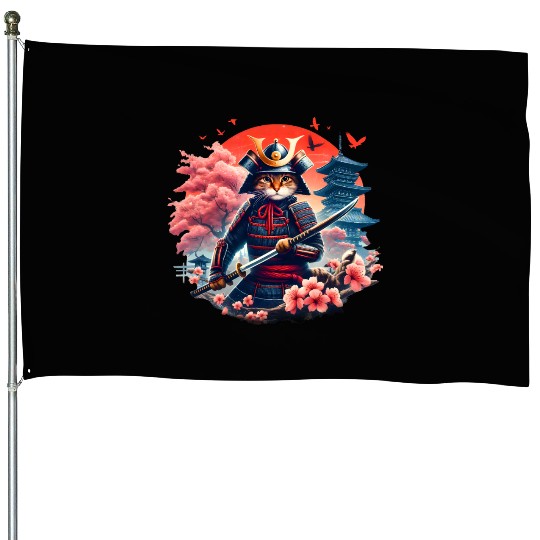 Samurai Cat Graphic Warrior Vintage Japanese Anime House Flags