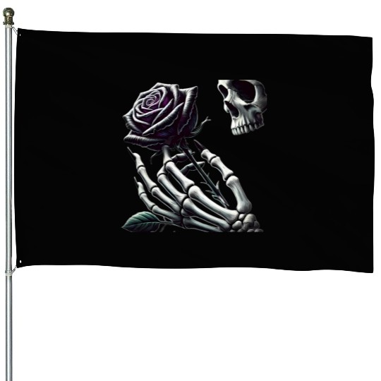 Skeleton Hand Holding a Poisonous Rose House Flags