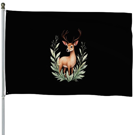 Watercolor Deer in Forest Hues House Flags