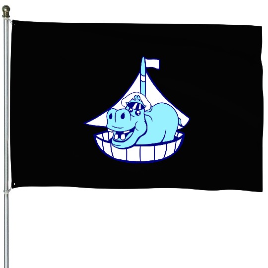 Funny Hippo Old Captain Sails Cute Cartoon Comic House Flags