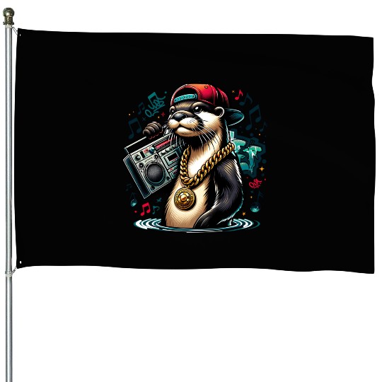 Hip Hop Otter with Boombox and Gold Chain House Flags