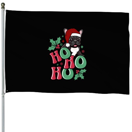 HO HO HO French Bulldog Holly Leaf Funny House Flags