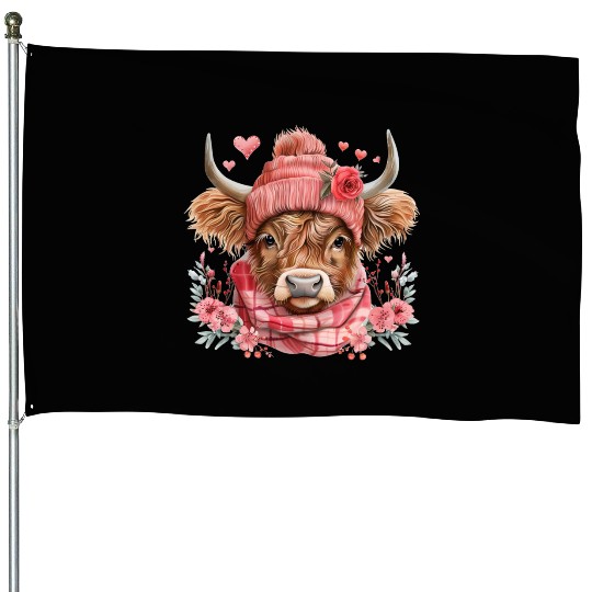 Cute Highland Cow Valentines Day House Flags