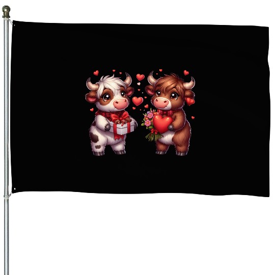 Cute cartoon valentines highland cow House Flags