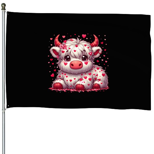 Cute cartoon valentines highland cow House Flags