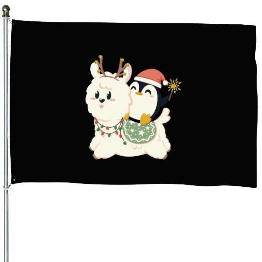 Alpaca and penguin celebrate Christmas House Flags