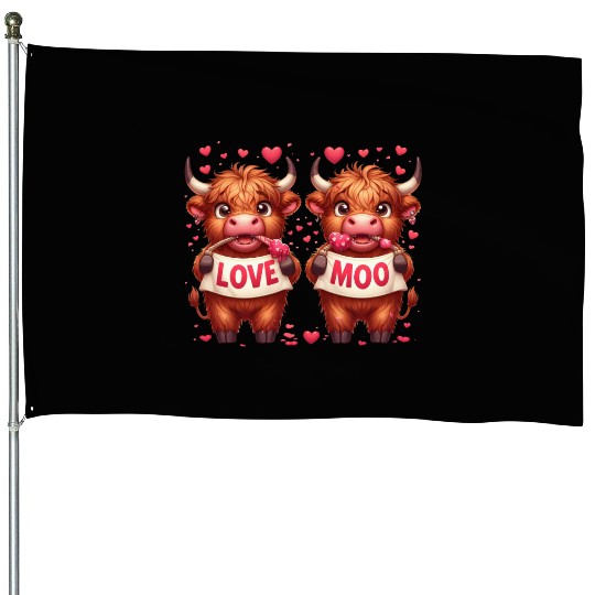 Cute cartoon valentines highland cow House Flags
