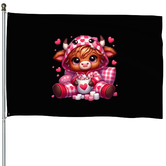 Cute cartoon valentines highland cow House Flags