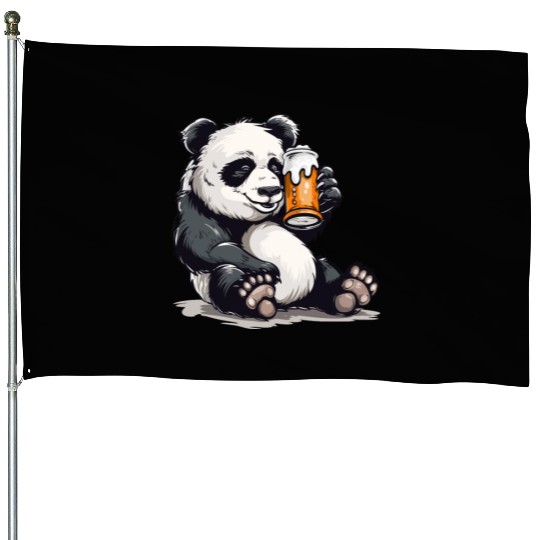 Cute Panda Drinking Beer 2 House Flags