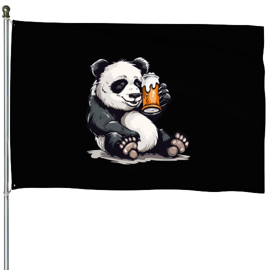 Cute Panda Drinking Beer 2 House Flags