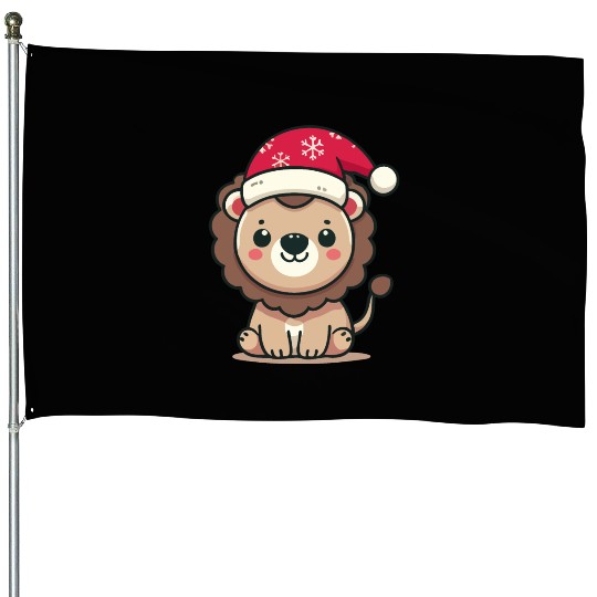 lion cub with christmas hat House Flags