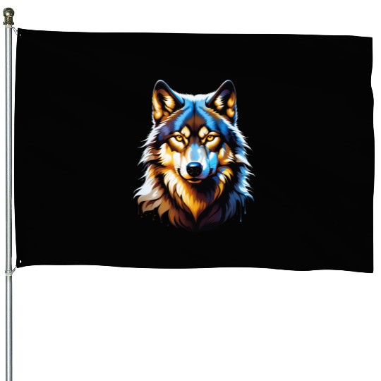 Isolated Lone Wolf Head Ink Design House Flags